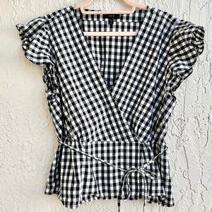 J Crew | Flutter Sleeve Gingham Wrap V Neck Top